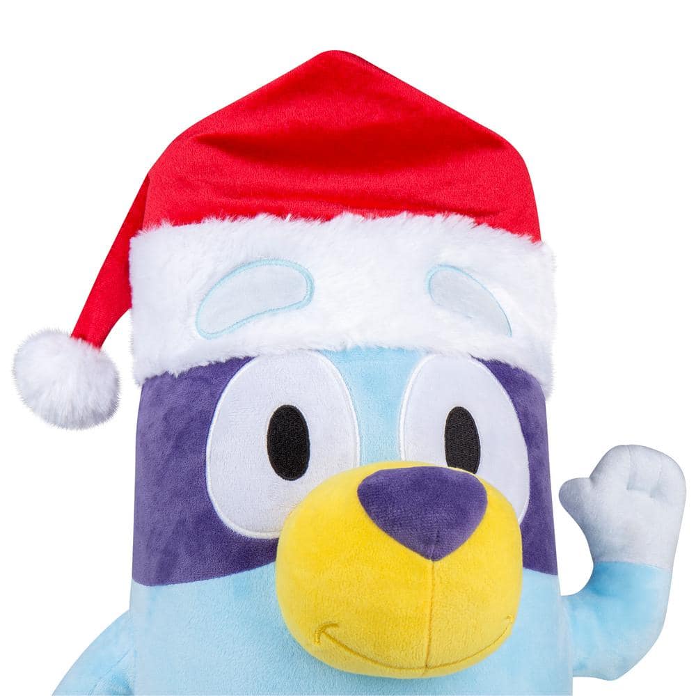 Blue and White Plush Dog Holiday Greeter with Santa Hat