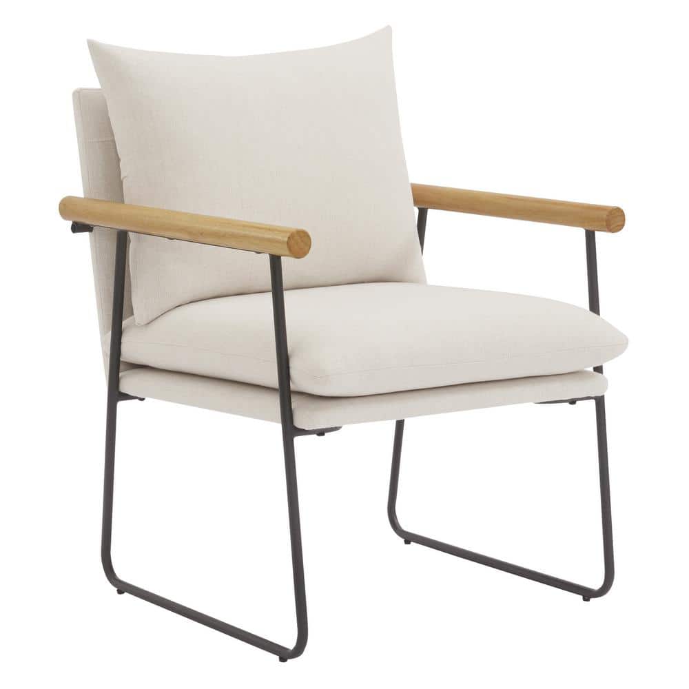 Ivory Barrel Accent Chair with Metal Frame and Wooden Arms