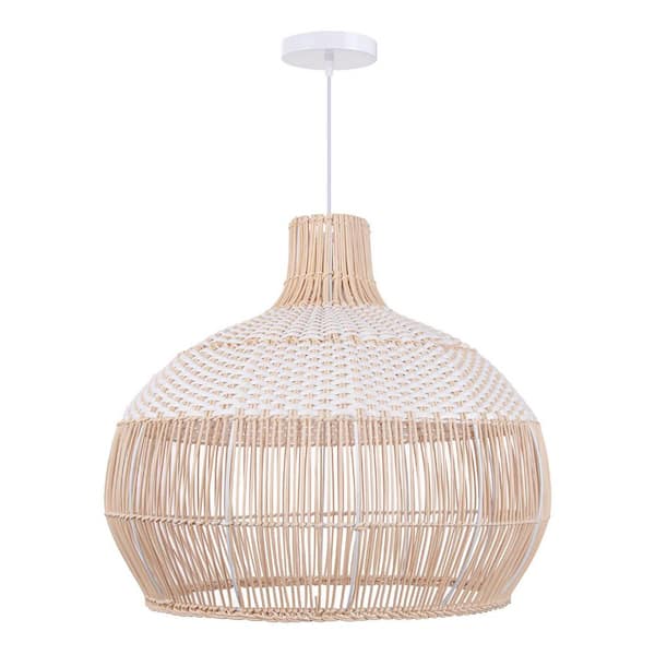1-Light Two-Tone Hand-Woven Rattan Pendant Light, White and Natural Basket Shape, No Bulbs Included 20 in.