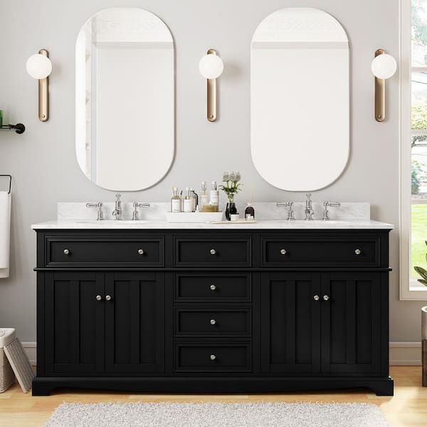 Home Decorators Collection Fremont 72 in. Double Sink Black Bath Vanity with White Engineered Marble Top (Assembled)