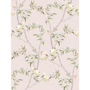 Spring Blossom Collection Chinoiserie Floral Vine Pink Matte Finish Non-Pasted Non-Woven Paper Wallpaper Roll