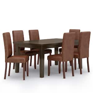 Acadian Transitional 7 Pc Dining Set with 6 Upholstered Parson Chairs in Distressed Saddle Brown Vegan Faux Leather