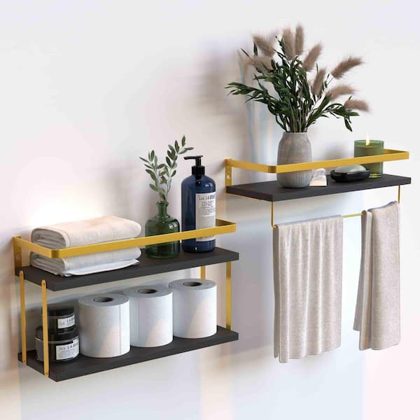 Unbranded 6 in. W x 16 in. D x 9.6 in. Gold Black Wood Floating Decorative Wall Shelf Set of 2
