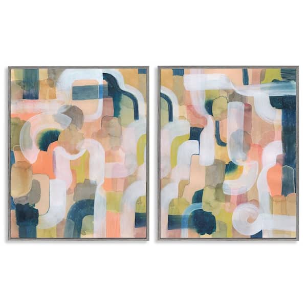 Stupell Industries Curved Retro Abstraction by Grace Popp 2 Pieces Gray Framed Abstract Giclee Art Print 30 in. x 24 in.