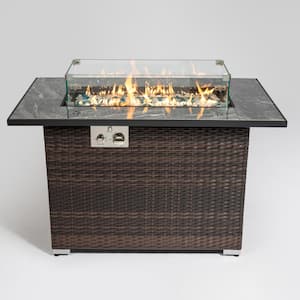 Brown Rectangular Wicker Outdoor Fire Pit Table with Glass Rocks, 40000 BTU