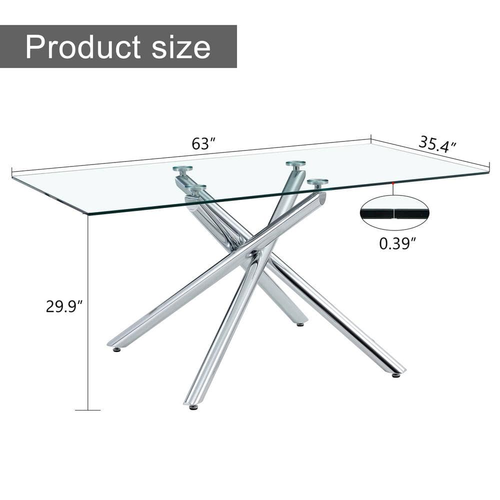 63 Inch Clear Glass Dining Table with Silver Chrome Cross Legs