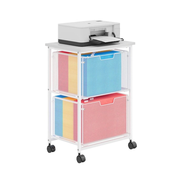 2 Drawer Letter Legal Size Rolling File Cabinet with Mesh Window Mobile Printer Stand White for Office Storage