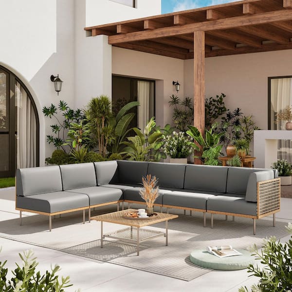 7-Piece Metal Frame Outdoor Conversation Set, with Coffee Tables and Sofas, for Courtyards and Pool Areas