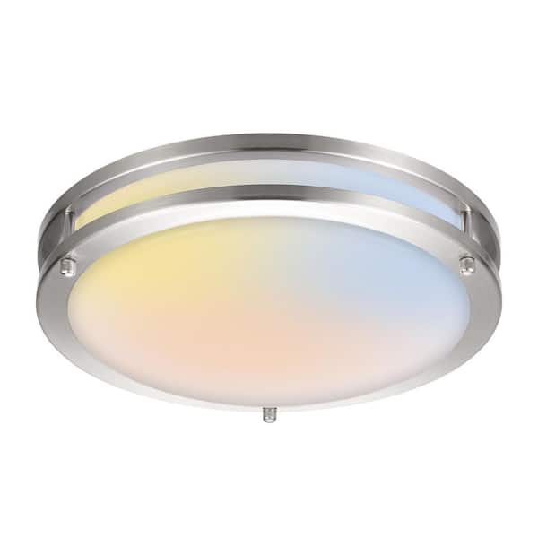 16 in. Round Brushed Nickel Integrated LED Double Ring Flush Mount Ceiling Light Fixture With 2700-5000K 5CCT Selectable