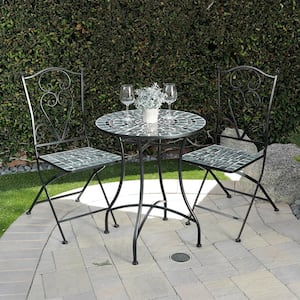 Indoor/Outdoor Marbled Glass Mosaic 3-Piece Bistro Set Folding Table and Chairs Patio Seating