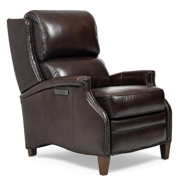 Brown Genuine Leather Dual Power Recliner Chair with Nailhead Trim