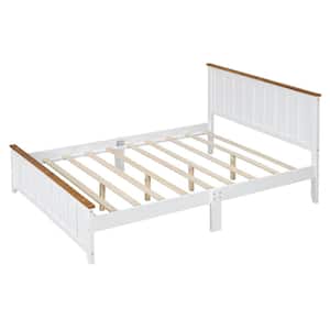 White Wood Frame Queen Size Vintage Platform Bed with Rectangular Headboard and Footboard