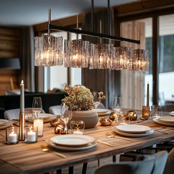 Echonalyri Modern 5-Light Glam 35.4 in. W Black and Brass Island Chandelier with Geometric Gray Textured Glass Shades