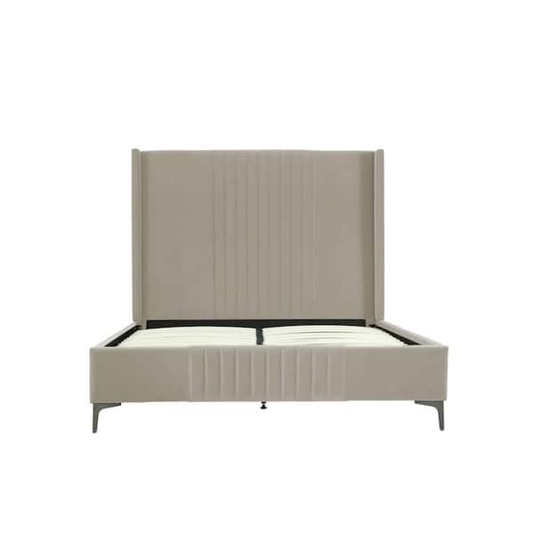 Manhattan Comfort Promenade Rustic Taupe Beige Mid-Century Modern Velvet Upholstered Wood Frame Queen Platform Bed
