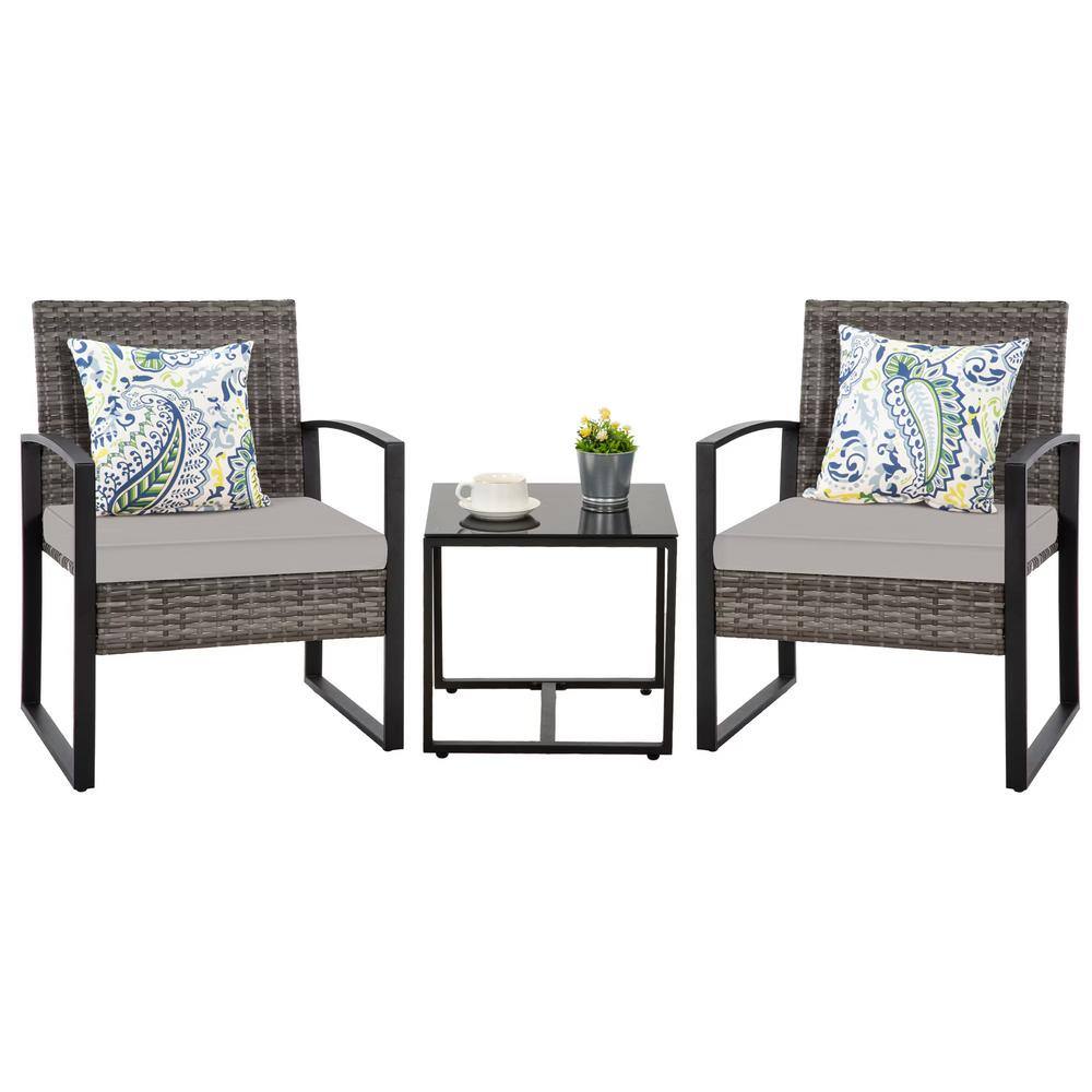 3 Piece Outdoor PE Wicker Furniture Set, Patio Gray Rattan Sofa and Chair w