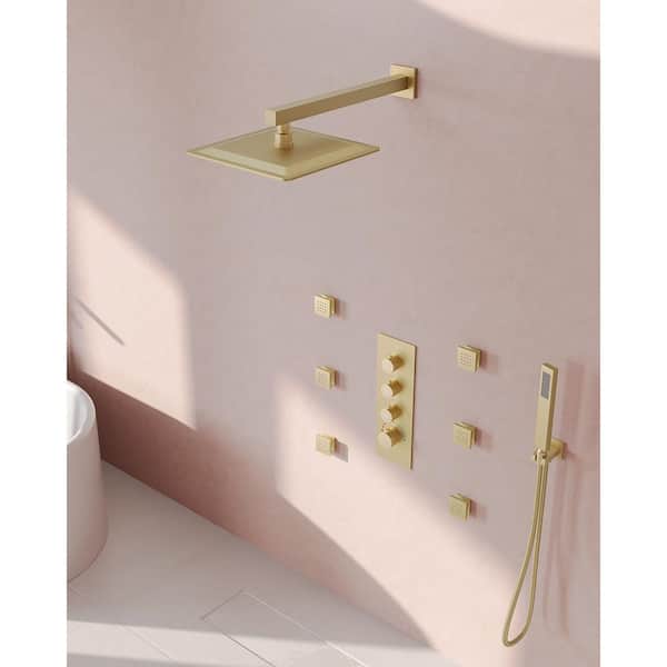 Thermostatic Shower 7-Spray Wall Mount 12 in. Fixed and Handheld Shower Head 2.5 GPM in Brushed Gold Valve Included