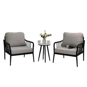 3-Piece Ember Black Aluminum Patio Conversation Set with Gray Cushions and Stone Coffee Table