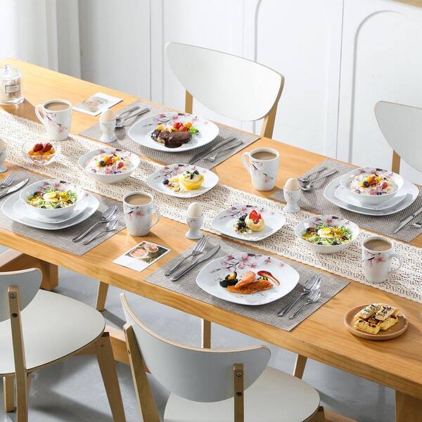 VEWEET 20-Piece White with Pink Floral Pattern Porcelain