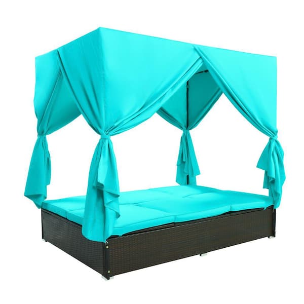 ITOPFOX Blue Patio Wicker Outdoor Chaise Lounge with Cushions Rectangle Sunbed Weather Resistant Adjustable Seats and Curtains