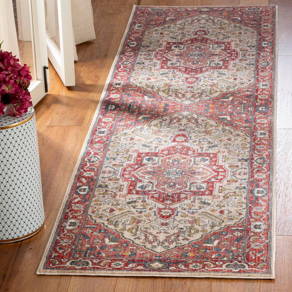 Vintage Red and Ivory Floral Runner Rug