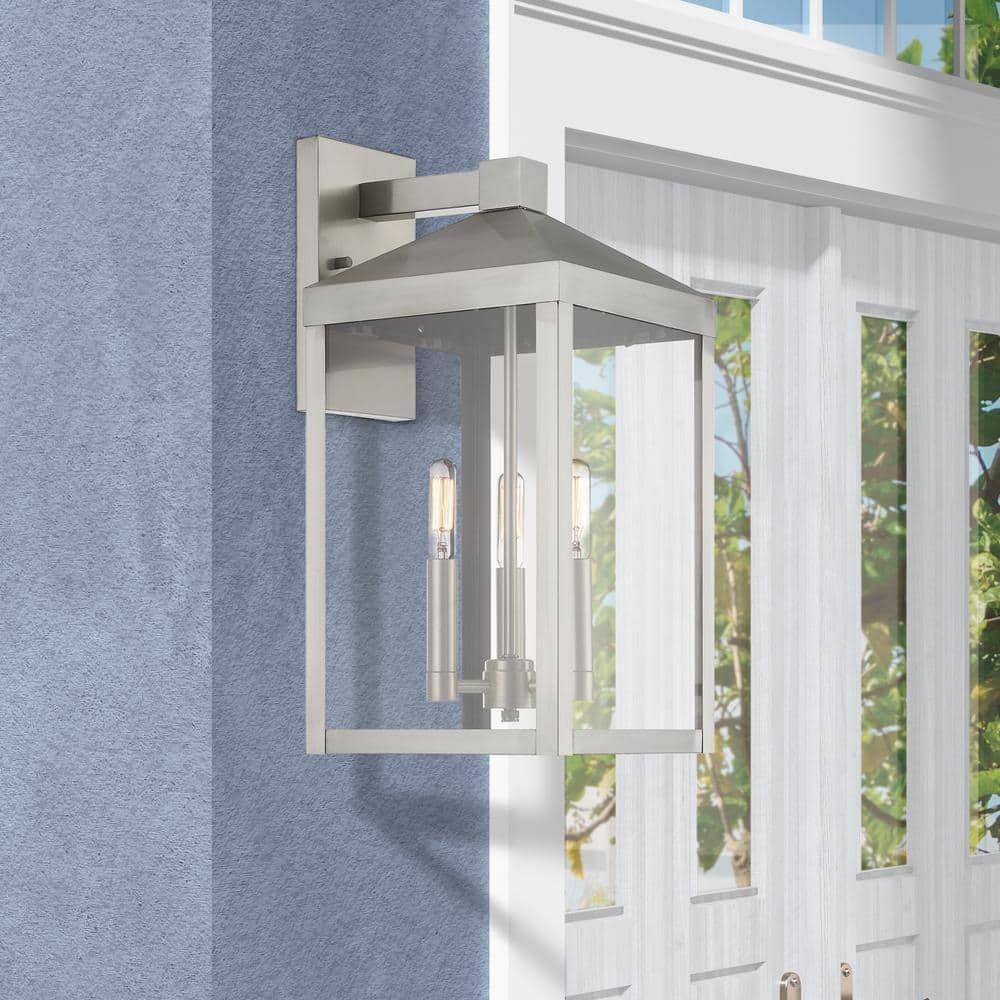Brushed Nickel 3-Light Outdoor Wall Lantern with Clear Glass