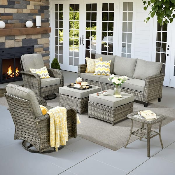 Daphne 6-Piece Wicker Patio Conversation Sofa Seating Swivel Rocking Chairs Set with Ottomans and Dark Gray Cushions