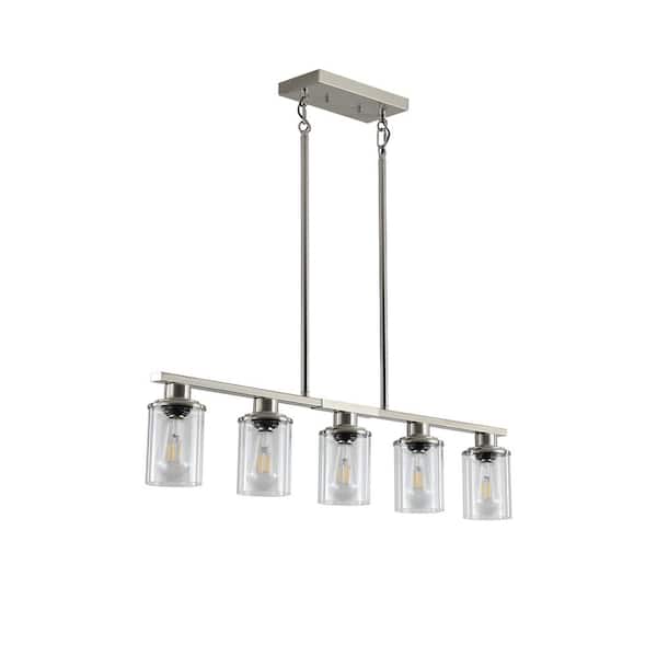 5-Lights Kitchen Island Pendant Light Chandelier with Clear Glass Shades, E26, No Bulbs Included, Brushed Nickel