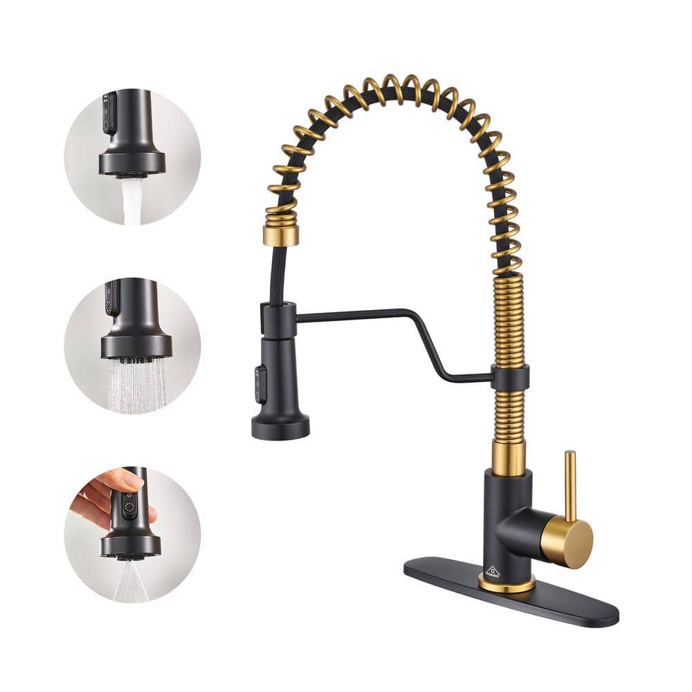 Matte Black and Brushed Gold Stainless Steel Pull-Down Kitchen Faucet