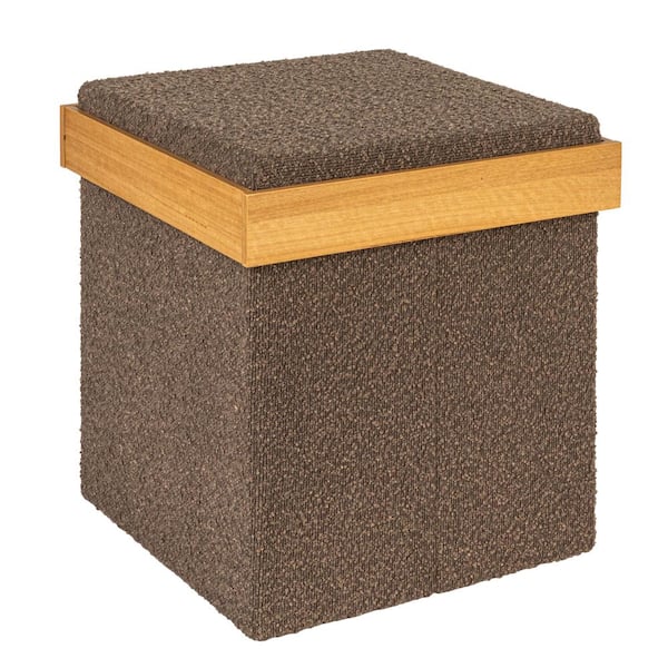 HOUSEHOLD ESSENTIALS Brown Boucle Fabric Square Hidden Storage Ottoman