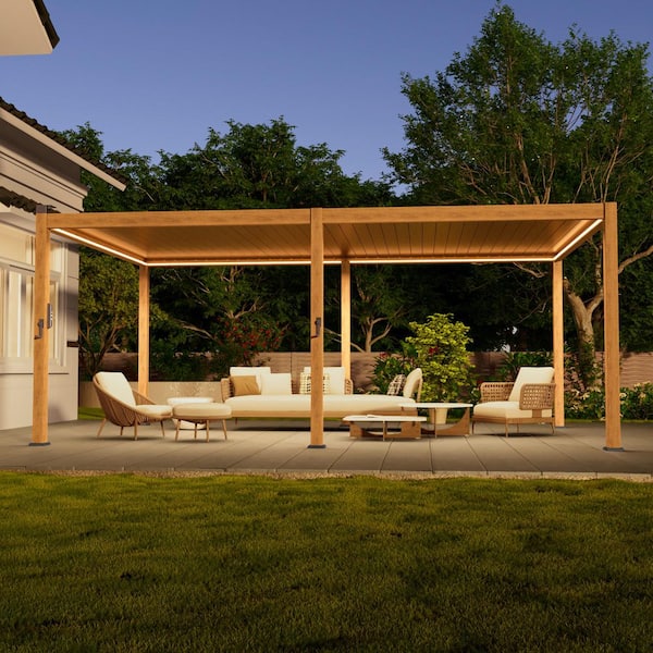 JOYESERY 12 ft. x 20 ft. Modern Aluminum Pergola with Adjustable Louvers, LED Lights and Solar Charging, Wood Grain
