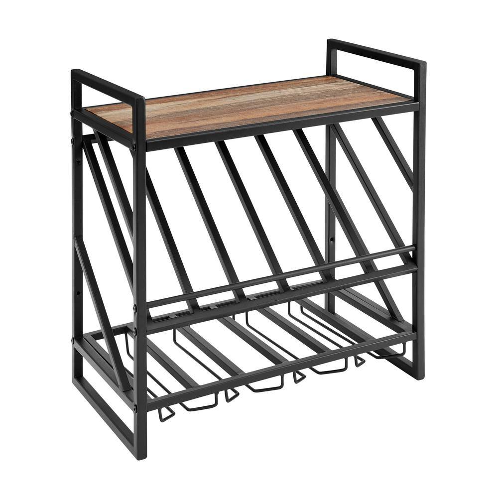 Industrial Wall Mount Metal Wine Rack with Distressed Wood Shelf