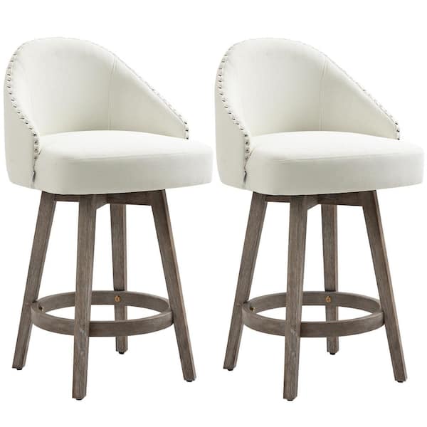 HOMCOM 36.25 in. Cream White Counter Height Rubber Wood Frame 26 in. Bar Stools with Footrests (Set of 2)