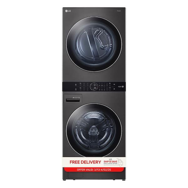 LG WashTower Stacked SMART Laundry Center 4.5 Cu.Ft. Front Load Washer & 7.4 Cu.Ft. Electric Dryer in Black Steel w/ Steam