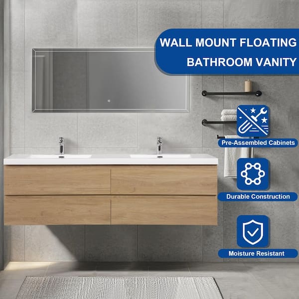 72 in. Wall-Mounted Floating Bath Vanity in Natural Oak with Double Solid Surface Sink Top in White