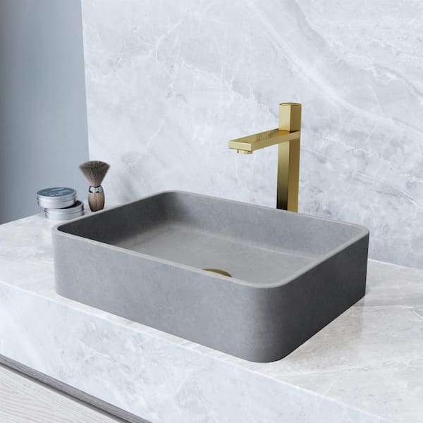 VIGO Concreto Stone Rectangular Bathroom Sink With Vessel Faucet in Matte Gold