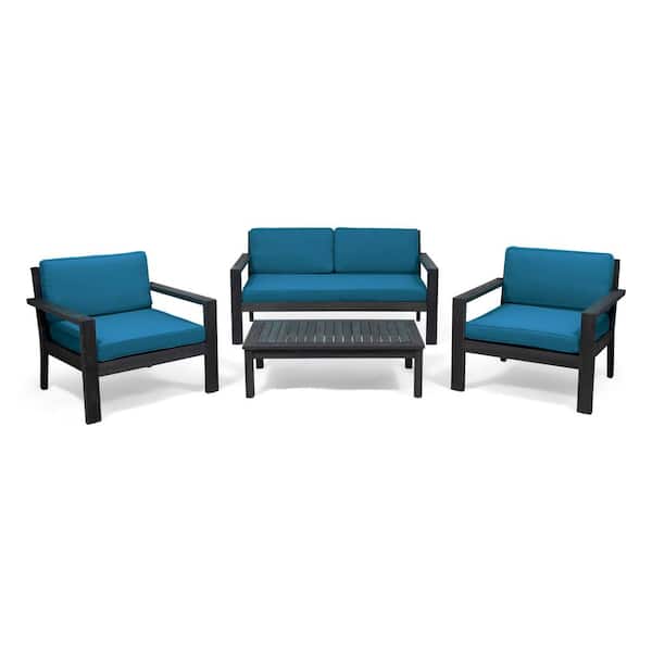 Noble House Santa Ana Brushed Dark Grey 4-Piece Wood Outdoor Patio Conversation Set with Dark Teal Cushions