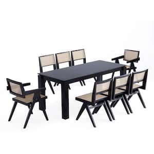 Rockaway and Hamlet 9-Piece Black and Natural Cane Wood Top Dining Room Set Seats 8