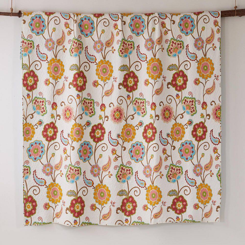 Ivory Floral Cotton Twin Quilt Set with Reversible Design