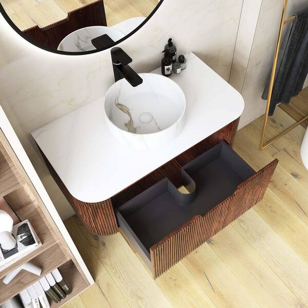 Yingze 36 in. Wall Mounted Single Sink Dark Walnut Bath Vanity