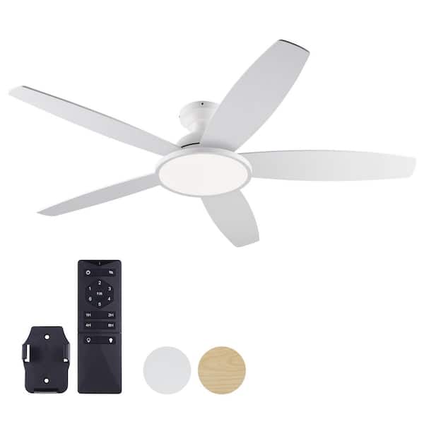 52 in. White Low Profile Flush Mount Modern Standard Ceiling Fan with 3CCT Integrated LED Light and Remote