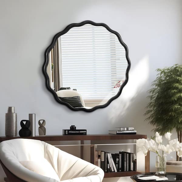 Elevatehome 31 in. W x 31 in. H Round Framed Floating Wall Bathroom Vanity Mirror in Black Finished Solid Wood