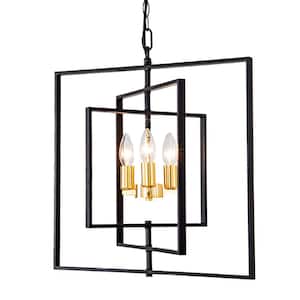 Modern 3-Light Black and Gold Dimmable Lantern Square Chandelier for Kitchen Island Living Room with No Bulbs Included
