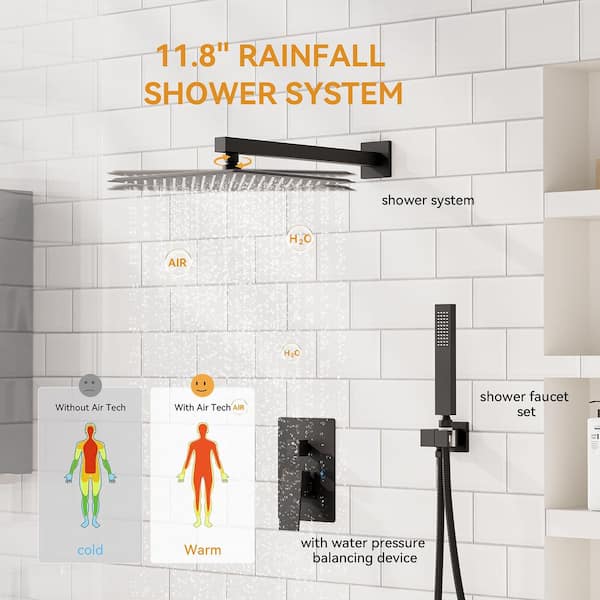 BWE - Rainfall 2-Handle 2-Spray 12 in. Square High Pressure Shower Faucet in Matte Black (Valve Included)