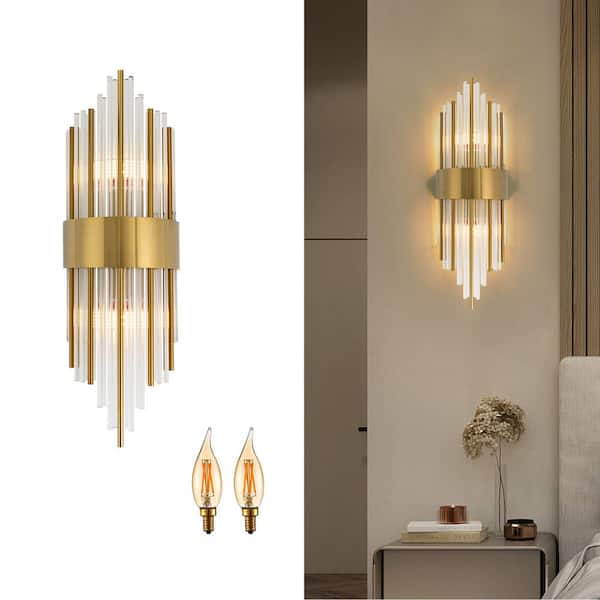 OUKANING 7.87 in. 2-Light Gold Luxury Geometric Design Indoor Wall Light Wall Sconce with Clear Glass Shade, No Bulbs Included JZUC34-00280099