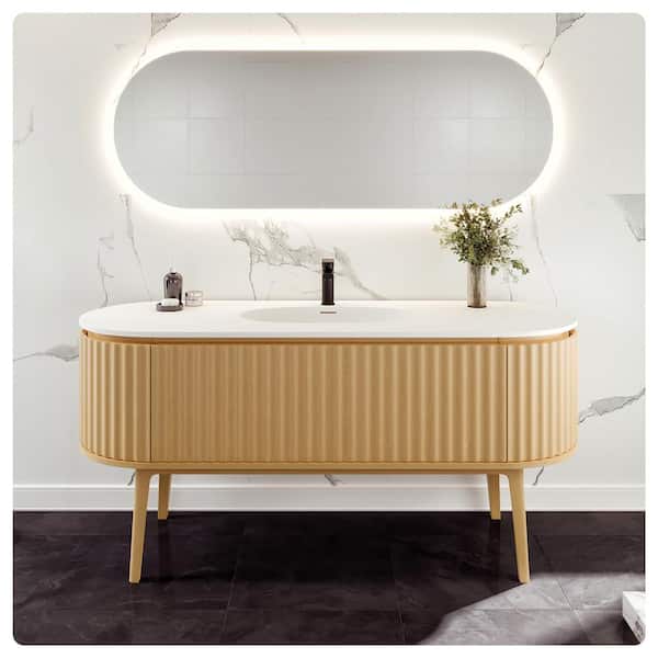 Haven 64 in. Single Sink Natural Oak Bath Vanity with White Solid Surface Top (Assembled)