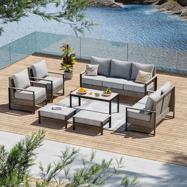 7 Pieces Patio Conversation Set with Coffee Table and Ottomans Gray Wicker Loveseat Sofa with Linen Grey Cushion