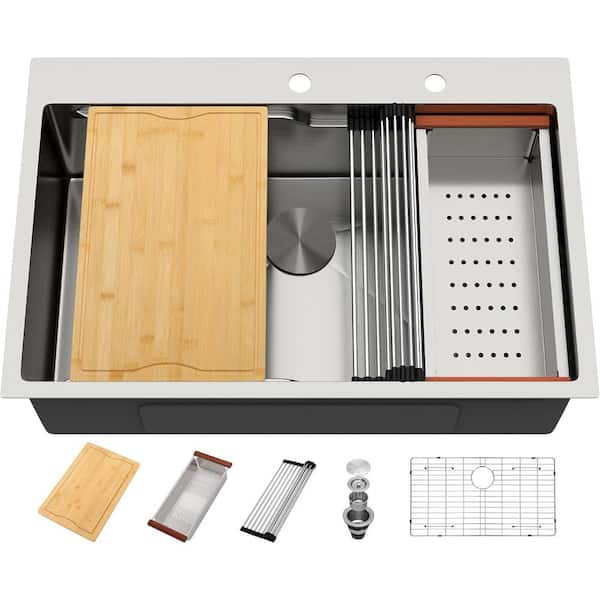 33 in. Drop-In Stainless Steel 16-gauge Kitchen Sink in Single Bowl Sinks with Cutting Board and Drying Rack