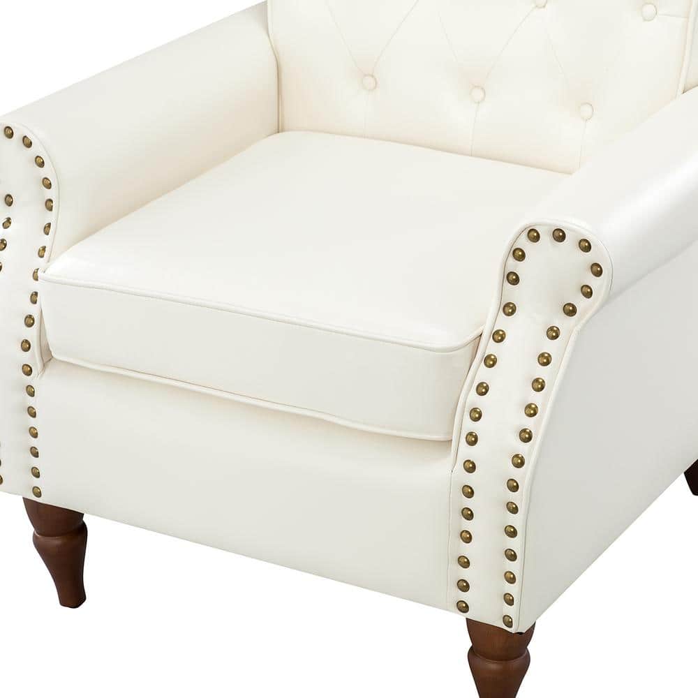 Ivory Faux Leather Accent Chair with Nailhead Trim and Wood Legs