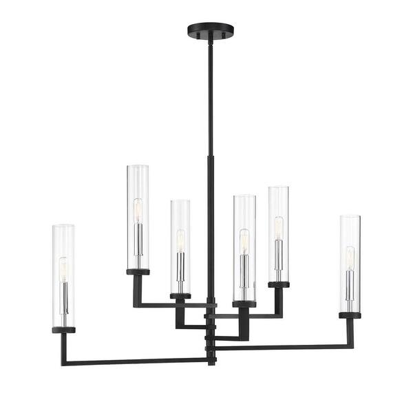 Savoy House 34 in. W x 21.75 in. 6-Light Matte Black with Polished Chrome Accents Chandelier with Clear Glass and Adjustable Arms