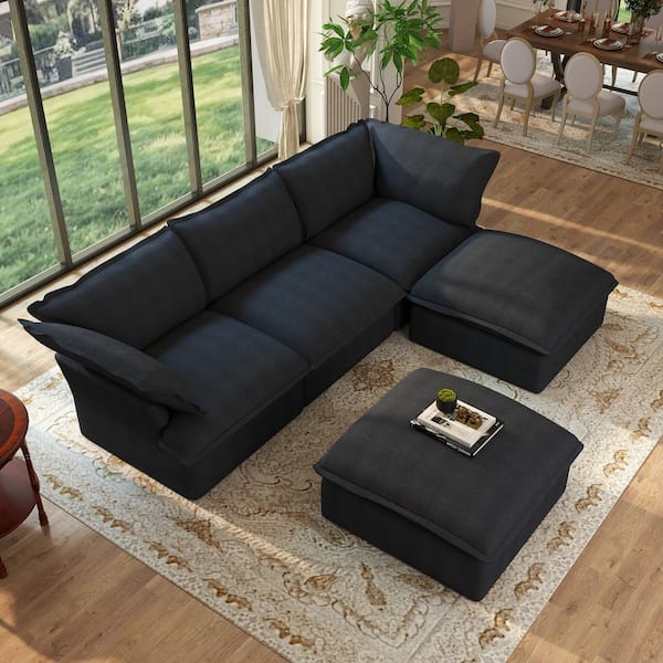 Down Filled 123 in. Flared Arm Oversized 5-piece Linen U-shaped Modular Cloud Sectional Sofa in. Black for Home Office